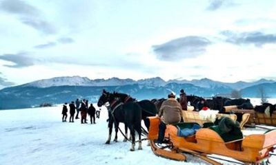 Sled ride pulled by horses with bonfire and dinner.